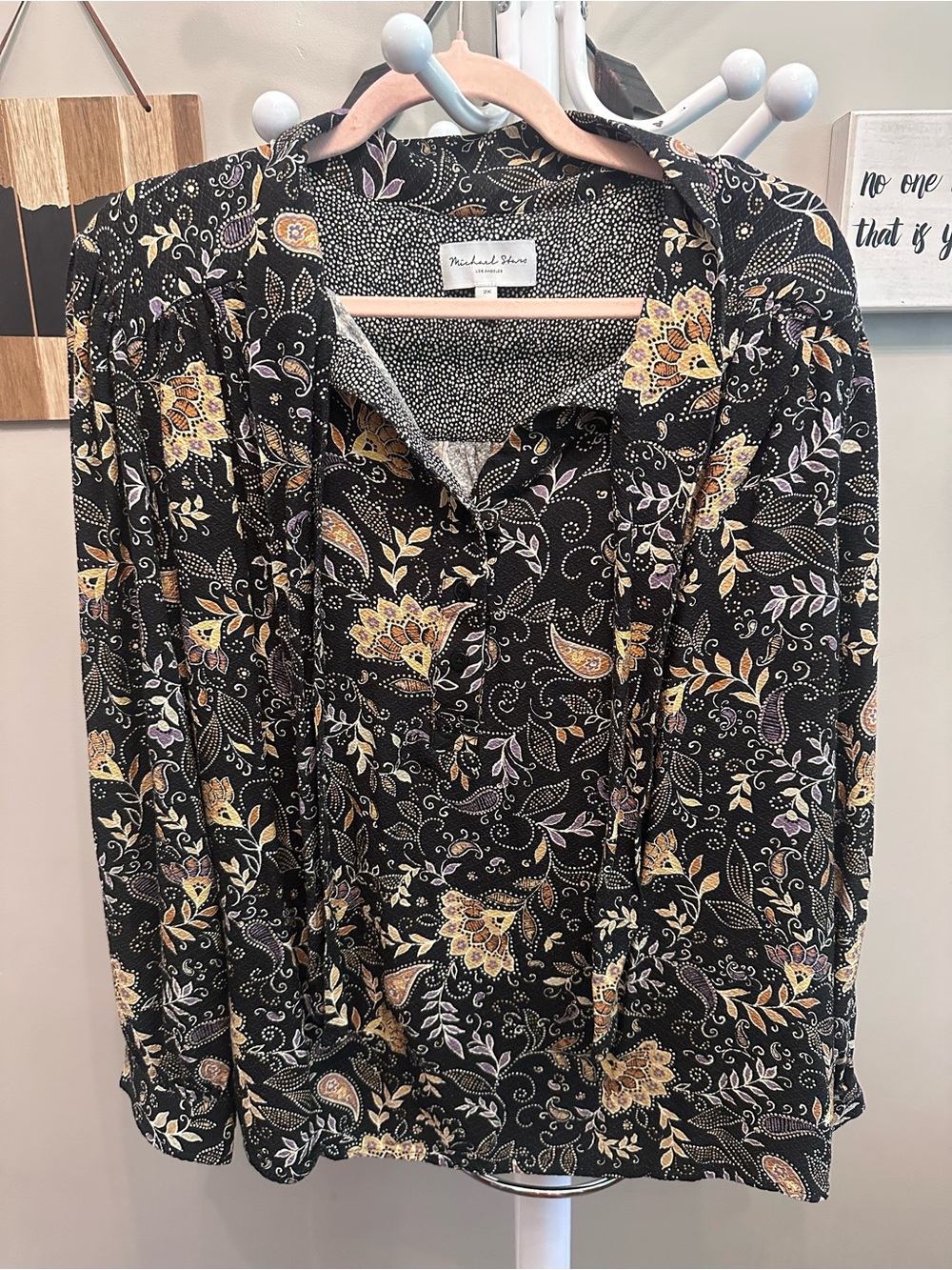 Michael Stars Black Floral Paisley Button-Up Top